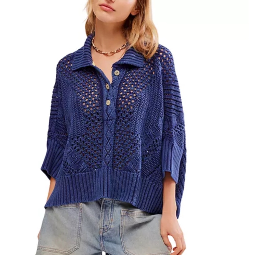 NWT Free People To the Point Open Stitch Polo Sweater in Midnight Rain Sz Sm